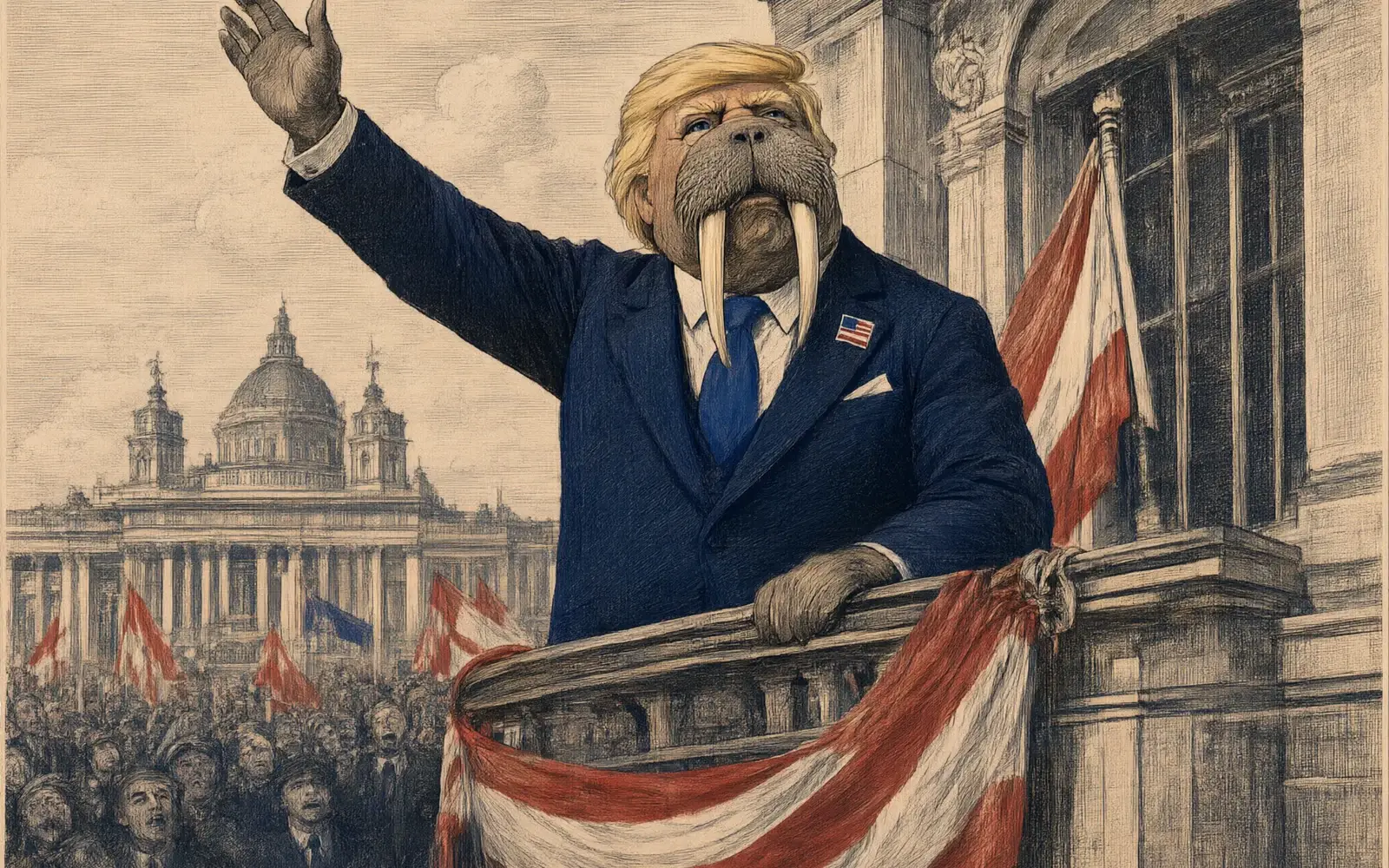 A walrus statesman in a navy suit and blue tie waves from a palace balcony draped in a red-and-white banner, a crowd cheering below.