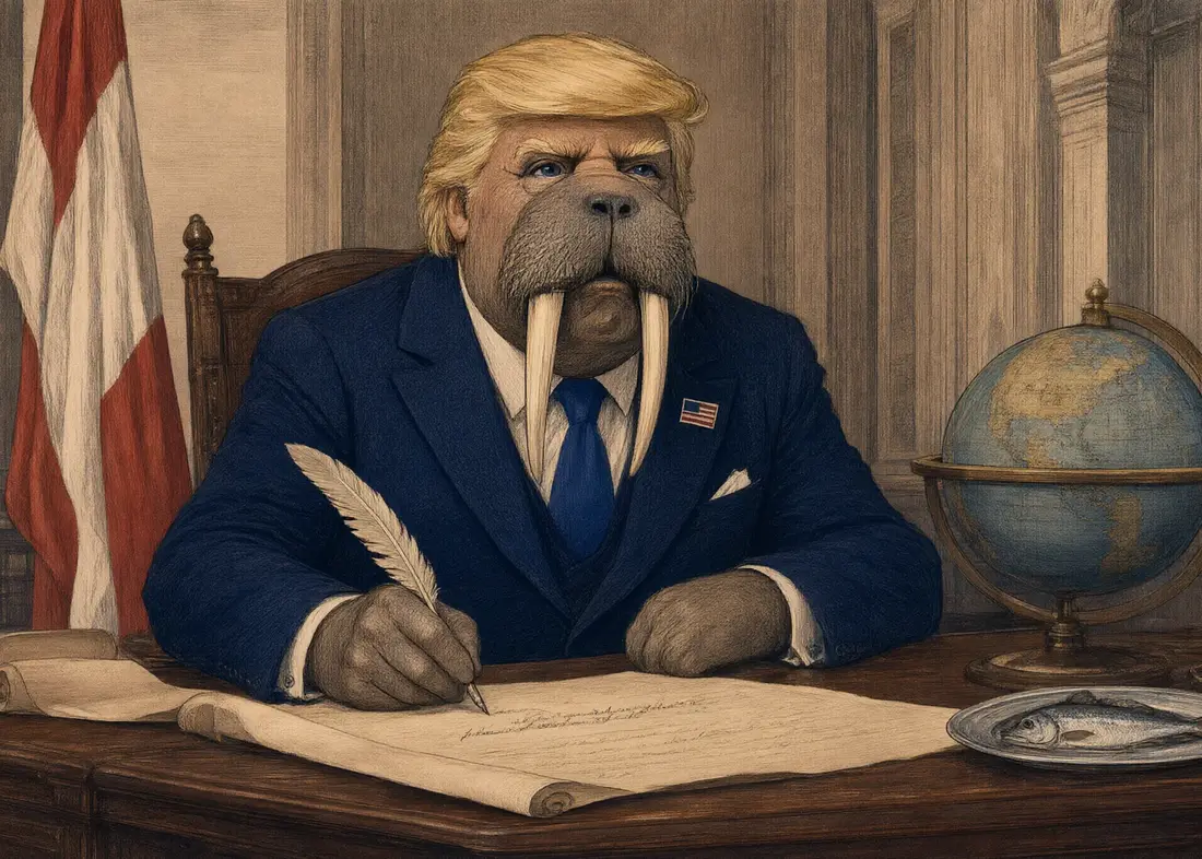 The walrus statesman at an oak desk signs a long scroll with a quill, a globe and a herring on a silver plate beside him.