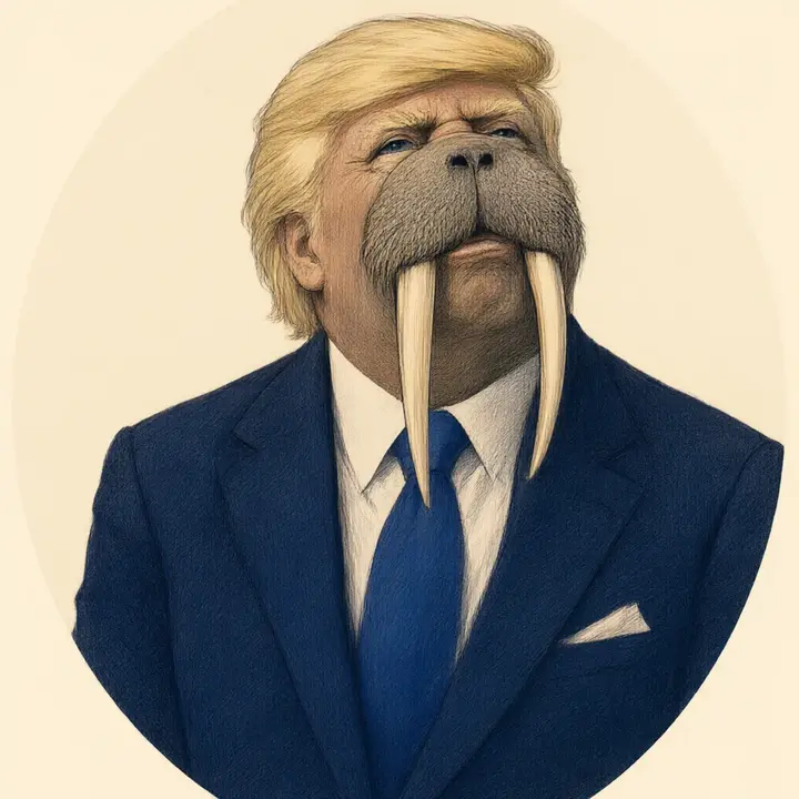 Official portrait of the walrus statesman in a navy suit, blue tie and two long ivory tusks.